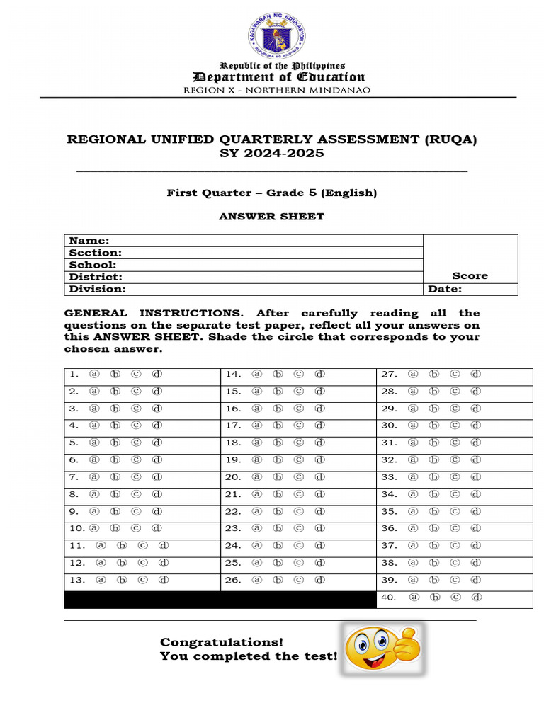 Grade 5 English Q1 Assessment Answer Sheet - 124452 | PDF