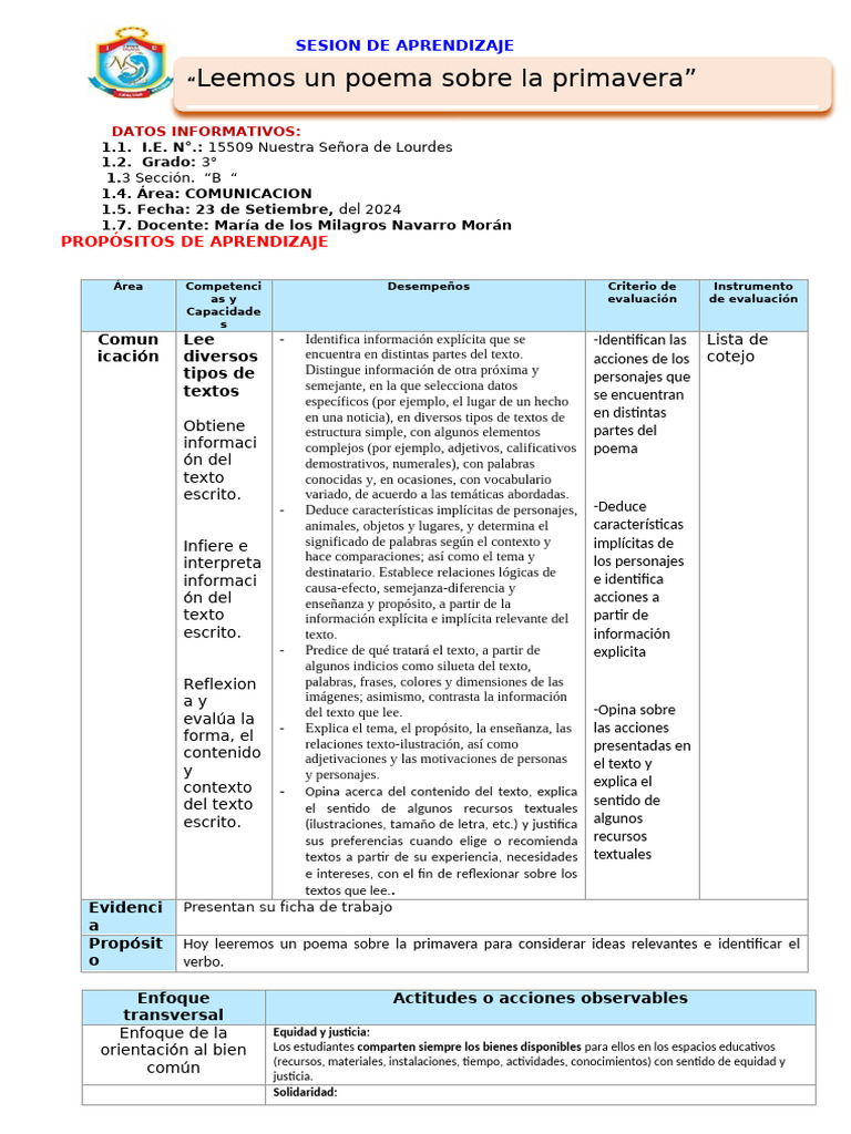 SESION DE APRENDIZAJE Leemos Un Poema Sobre La Primavera - Mio | PDF
