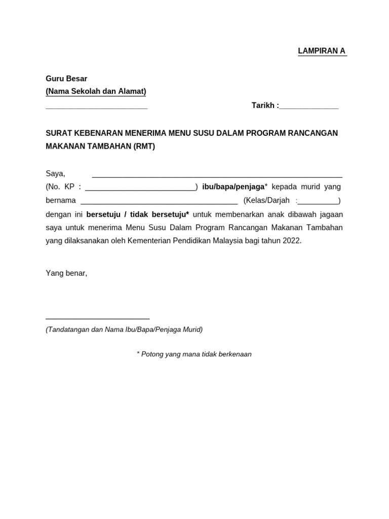 Surat Terima Susu RMT | PDF