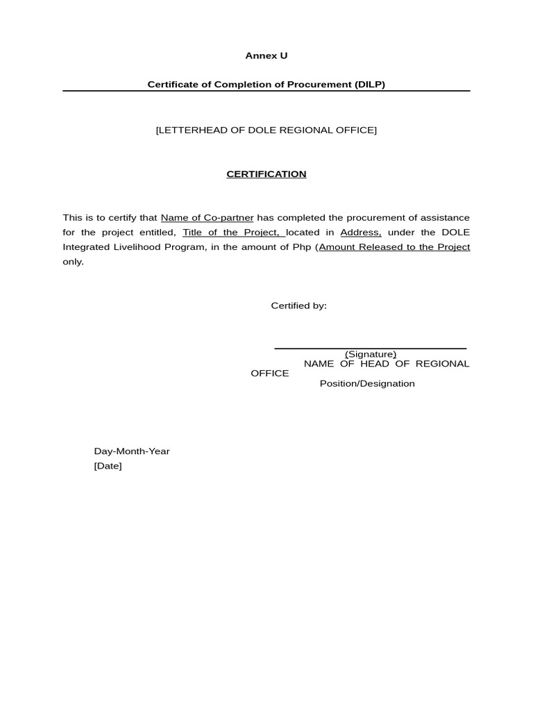 Annex U - Certificate of Completion of Procurement (DILP) | PDF