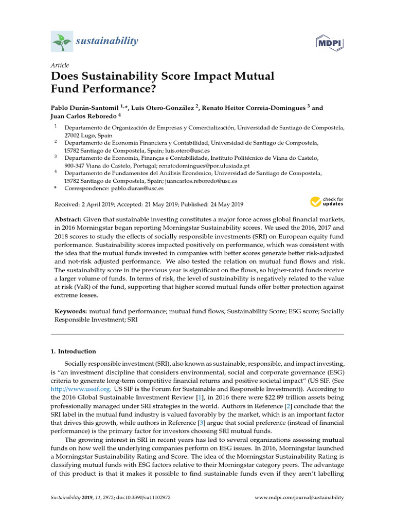 Does Sustainability Score Impact Mutual Fund Performance | PDF