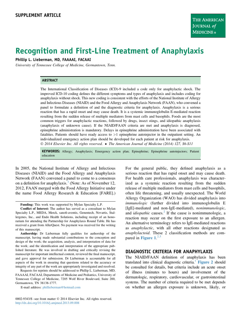 Recognition and First-Line Treatment of Anaphylaxis | PDF
