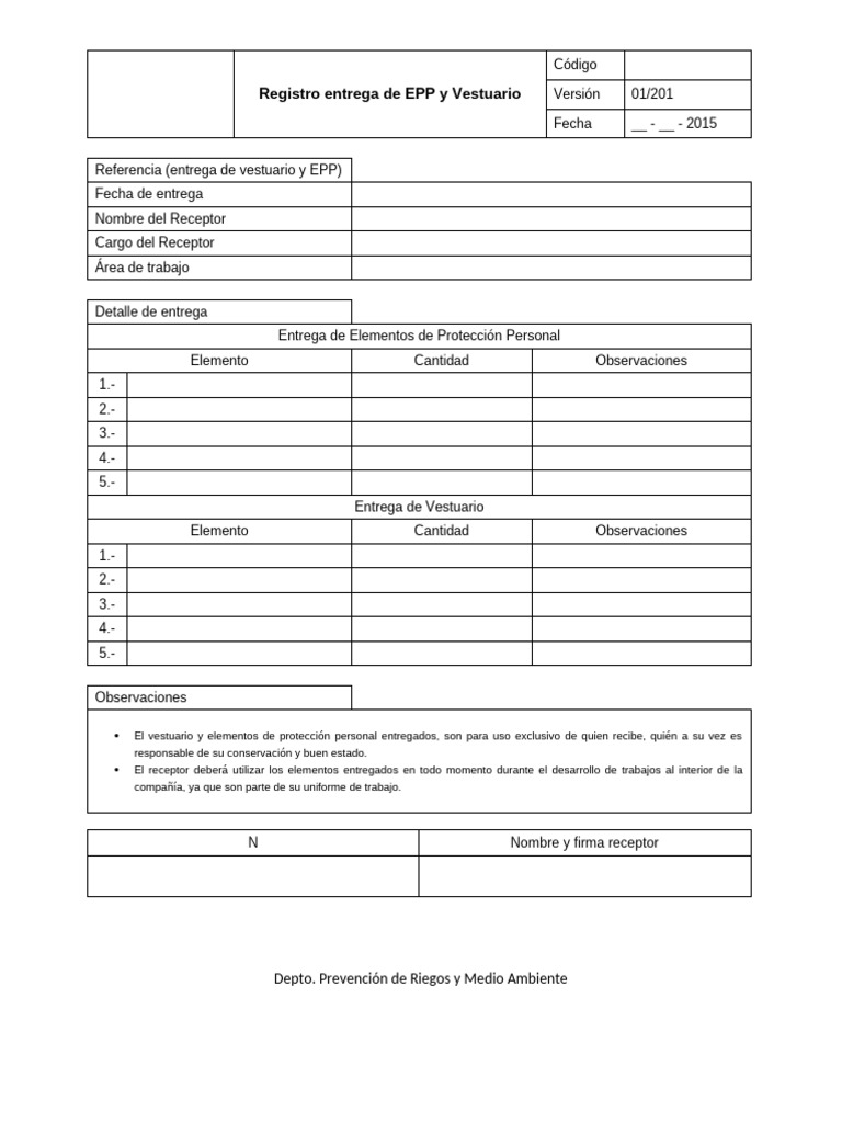Formato - Registro de Entrega de EPP | PDF