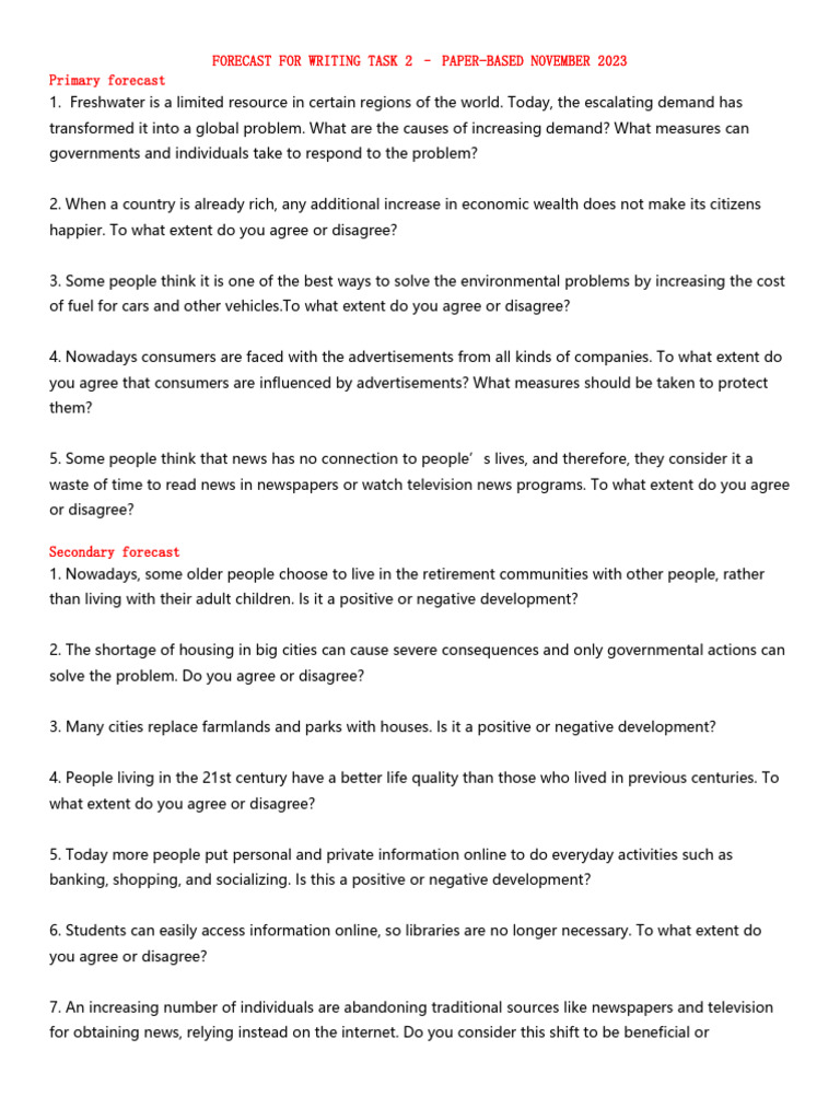 Forecast Writing Task 2 November 2023 | PDF | News | Wellness