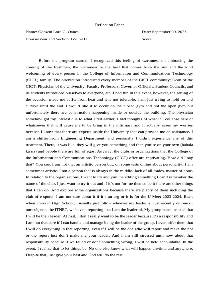 Oanes, Godwin Lord G. BSIT 1H - Reflection Paper | PDF