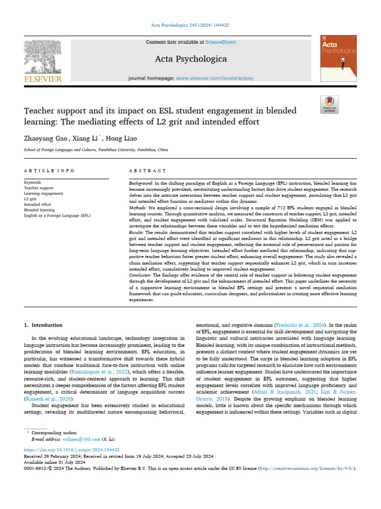 Teacher Support and Its Impact On ESL Student Engagement in Blended | PDF