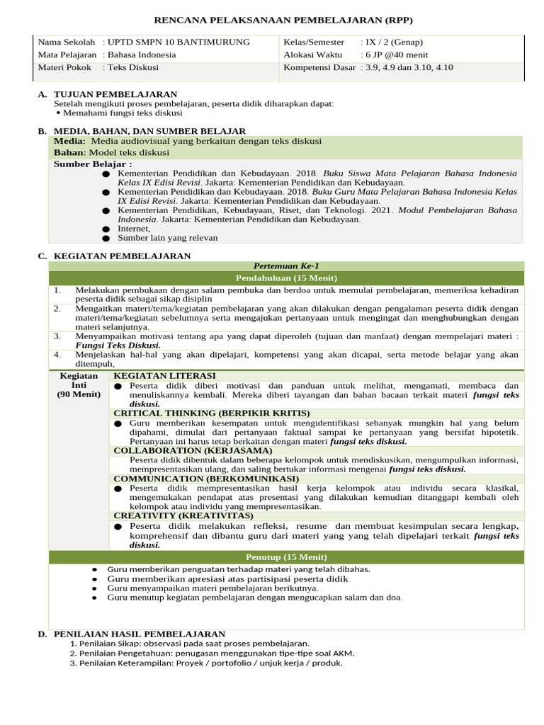 Rencana Pelaksanaan Pembelajaran (RPP) | PDF