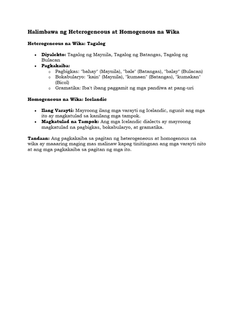 Halimbawa NG Heterogeneous at Homogenous Na Wika | PDF