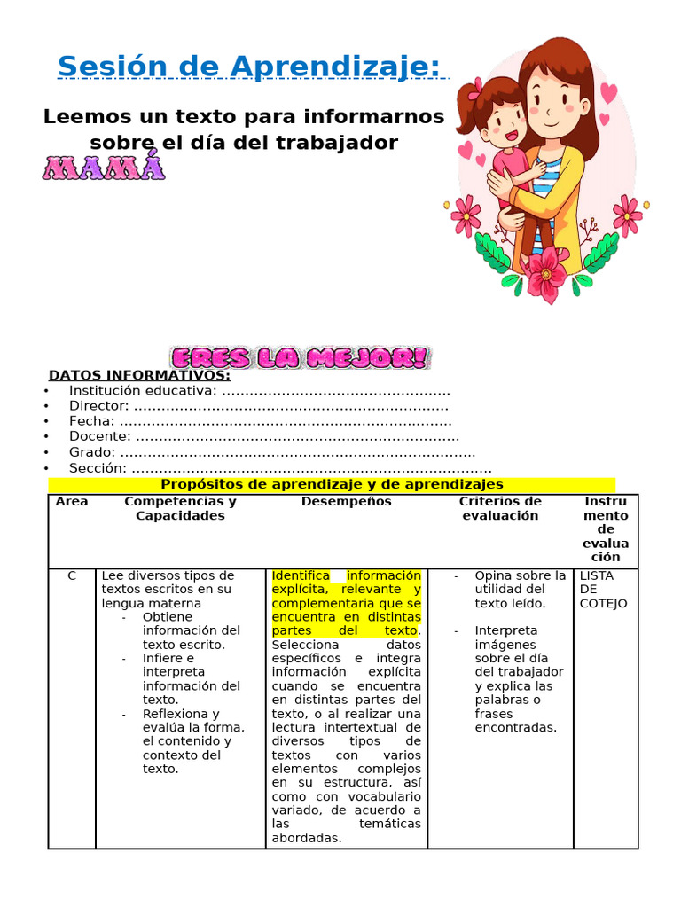 6º Dia 1 Com Leemos Un Texto para Informarnos Sobre El Dia Del ...