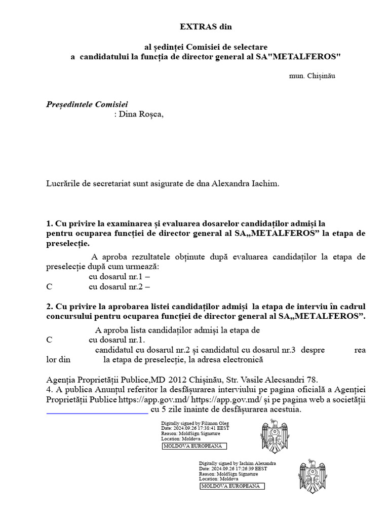 Extrasul Din Procesul-Verbal Al Ședinței Comisiei de Selectare A ...