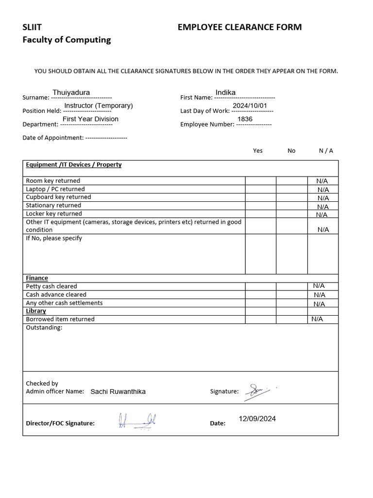 Faculty Clearance Form - Ms. Indika | PDF