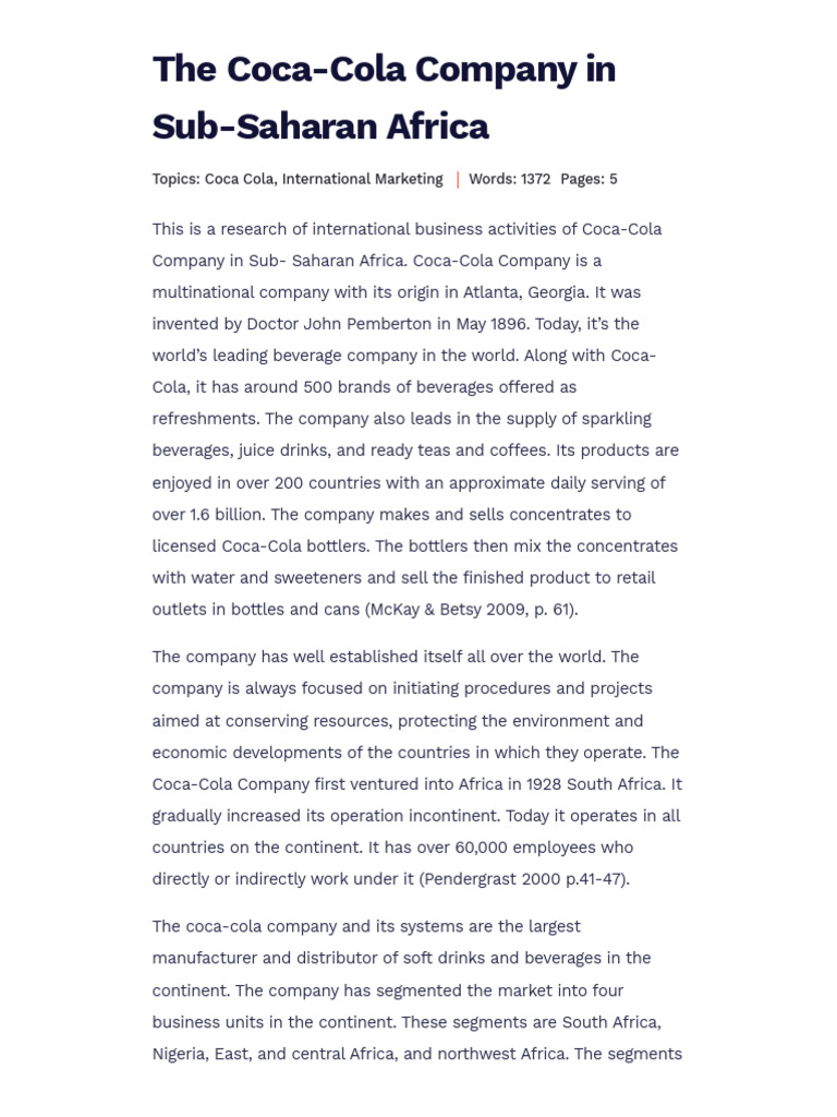 The Coca-Cola Company in Sub-Saharan Africa - Free Essay Example | PDF