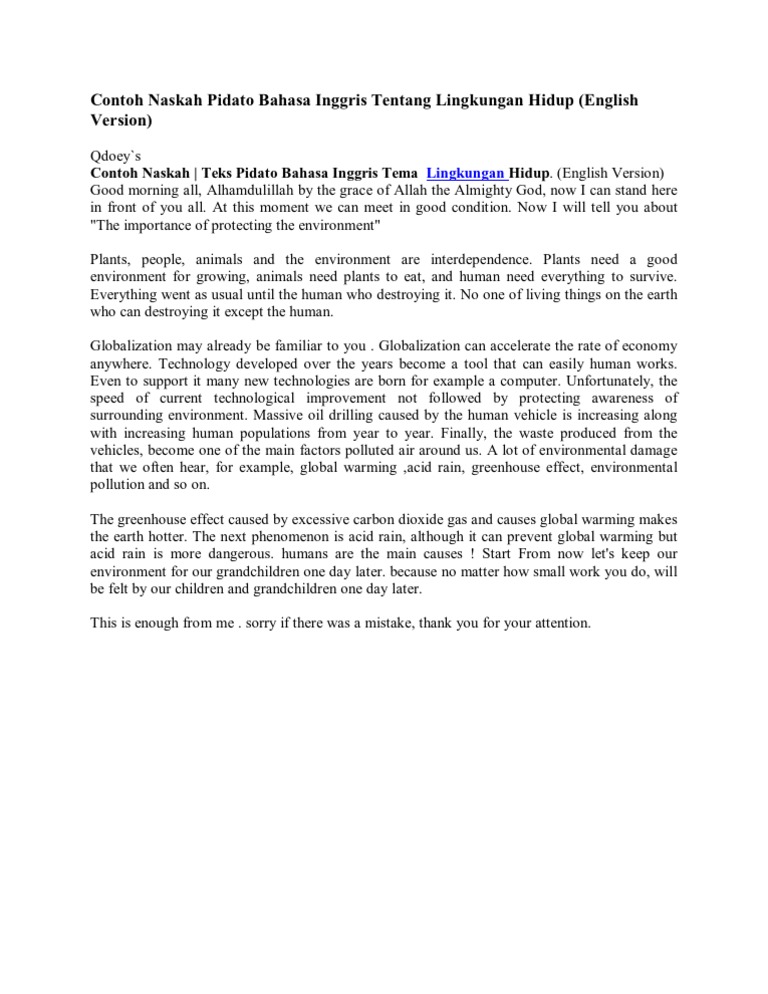 Contoh Naskah Pidato Bahasa Inggris Tentang Lingkungan Hidup