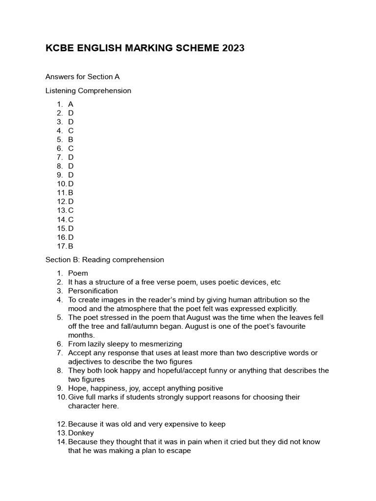 KCBE 2023 English Marking Scheme | PDF | Language Arts & Discipline ...