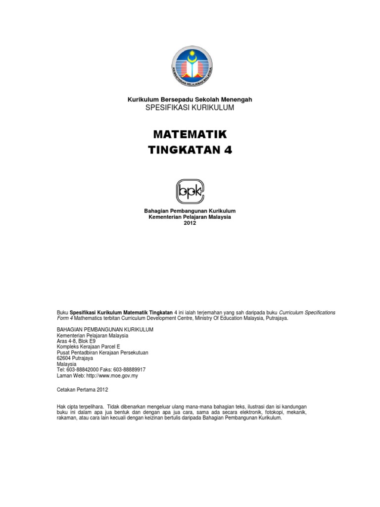 Huraian Sukatan Pelajaran Matematik Tingkatan 4 2012