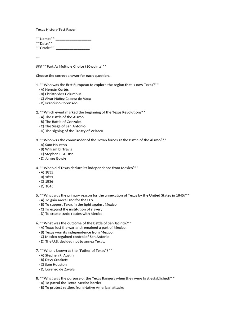 Texas History Test Paper | PDF