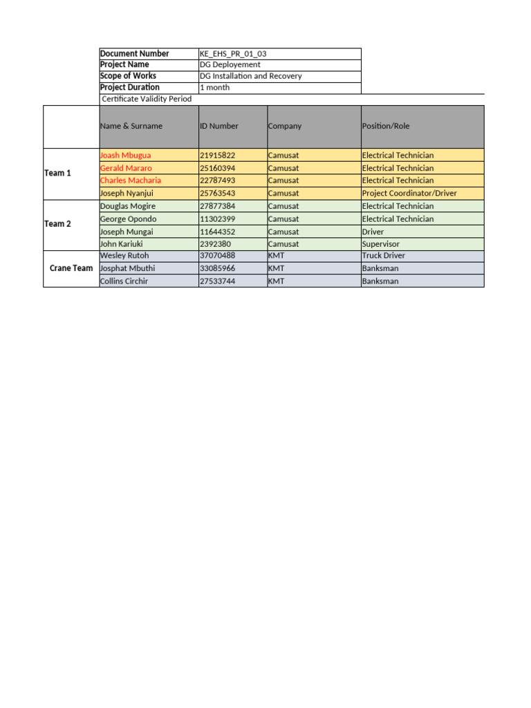 DG Team Training Matrix | PDF