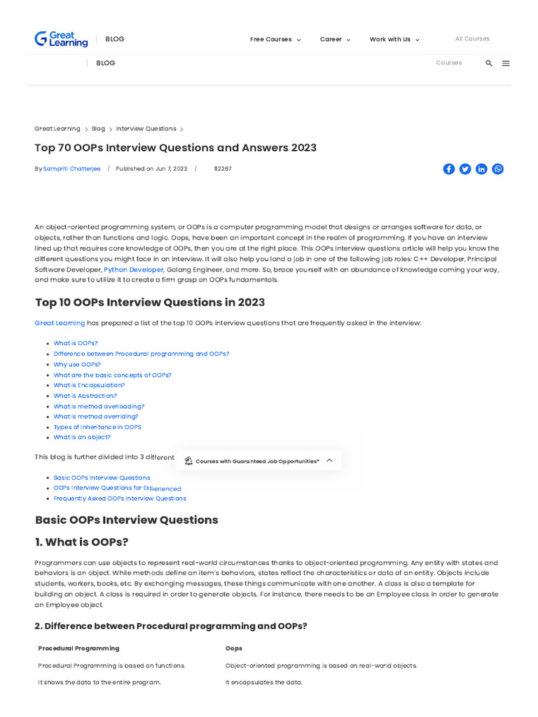 Top 60+ OOPs Interview Questions in 2023 - Great Learning | PDF