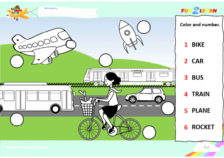 Colour and Number Worksheet Bike Car Rocket Bus Plane Train f2l en PDF