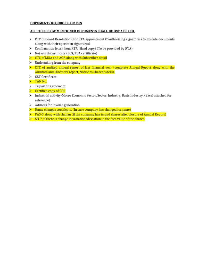 Documents Required For ISIN | PDF