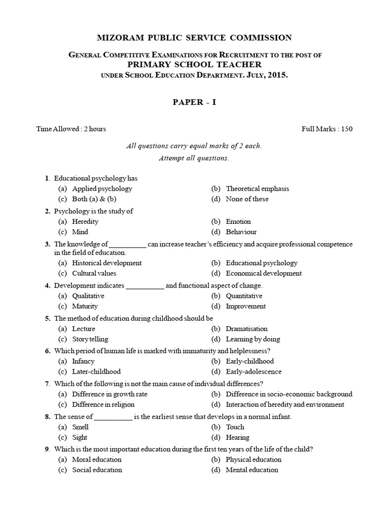 Primary School Teacher 2015 Paper I | PDF