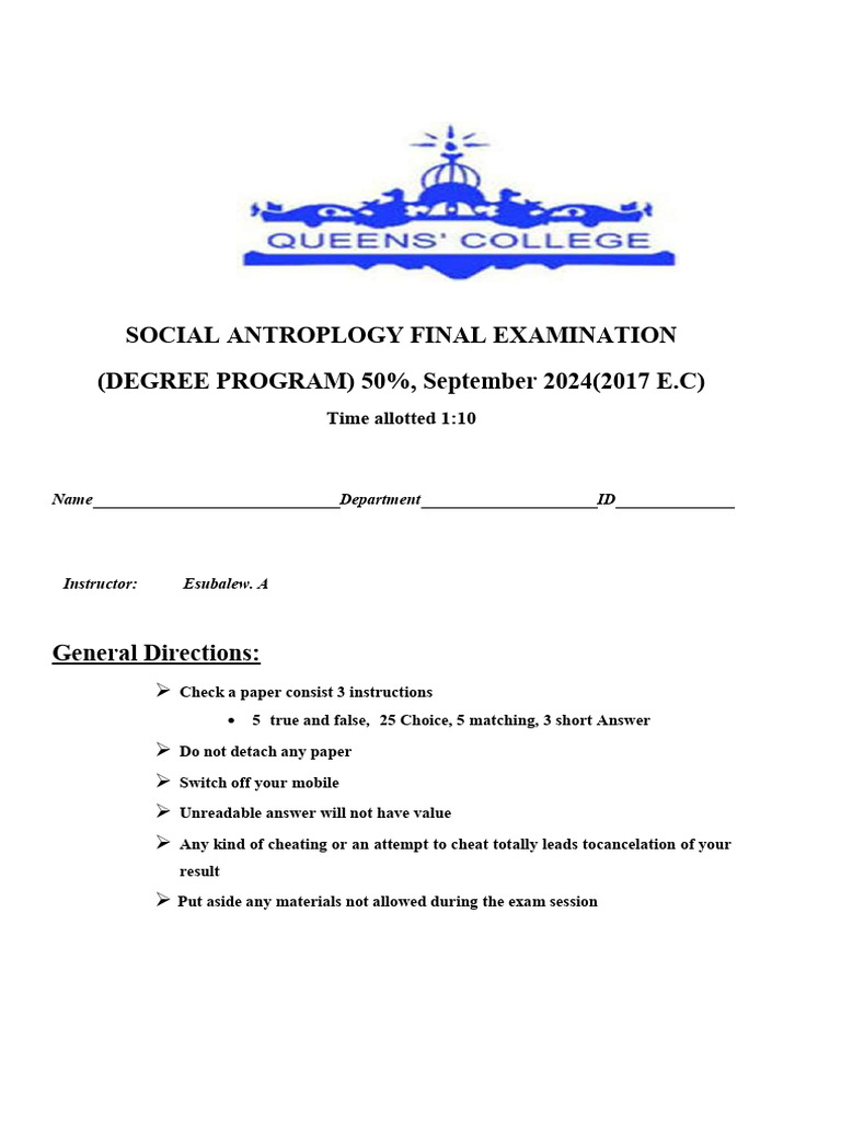 Anthro Final Examination 2017 Pdf