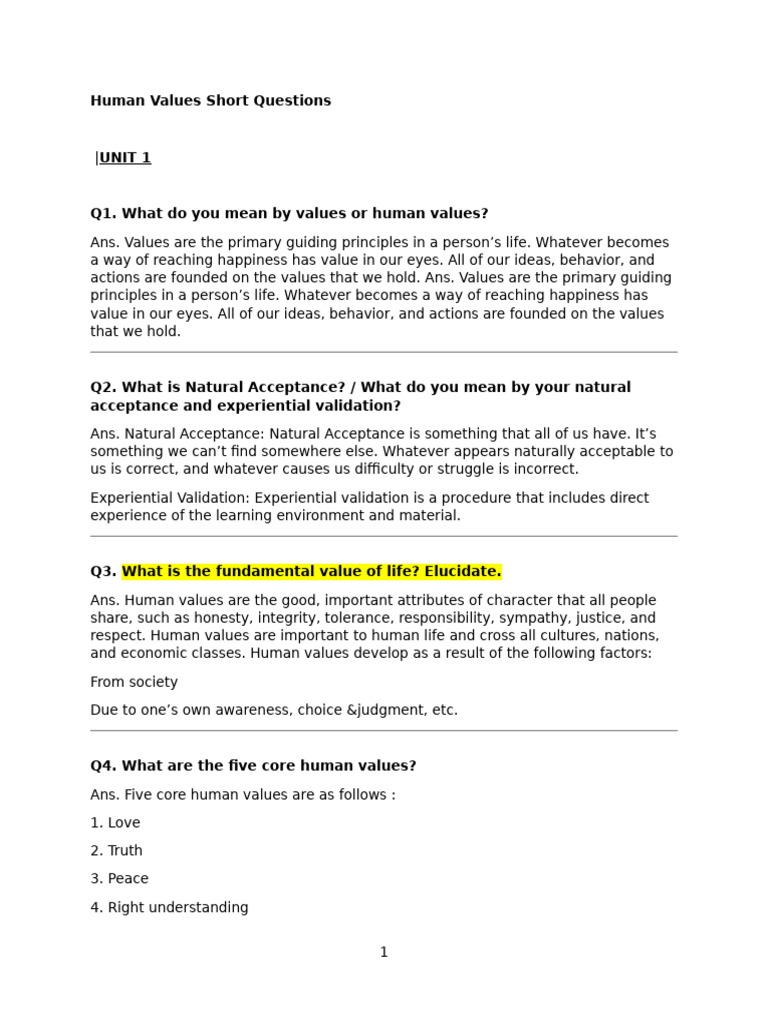 Human Values Short Questions | PDF | Axiology | Happiness