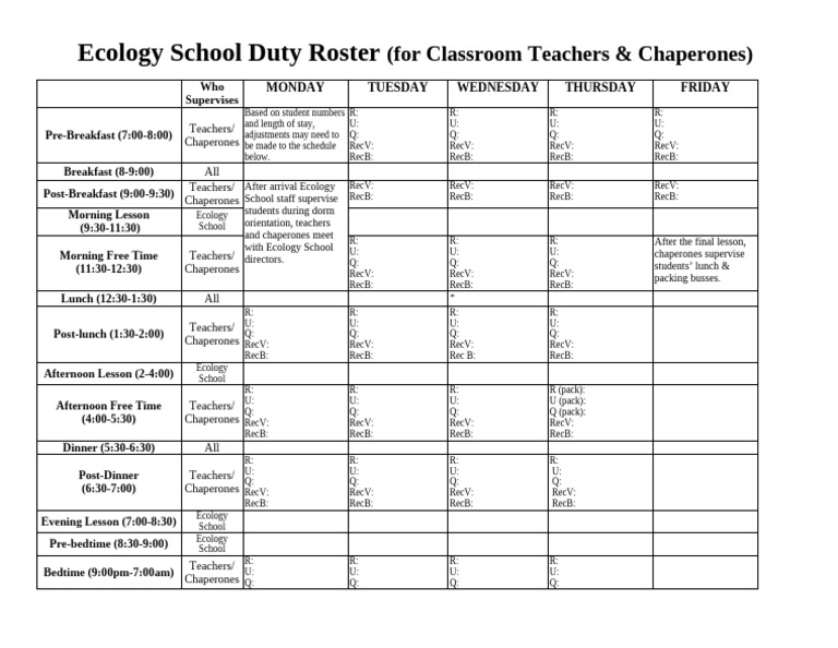 Teacher Duty Roster Template | PDF
