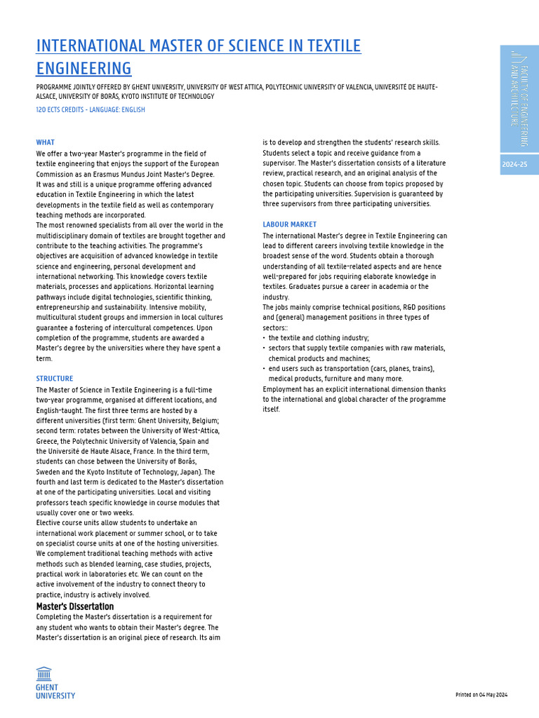 International Master of Science in Textile Engineering: 120 Ects ...