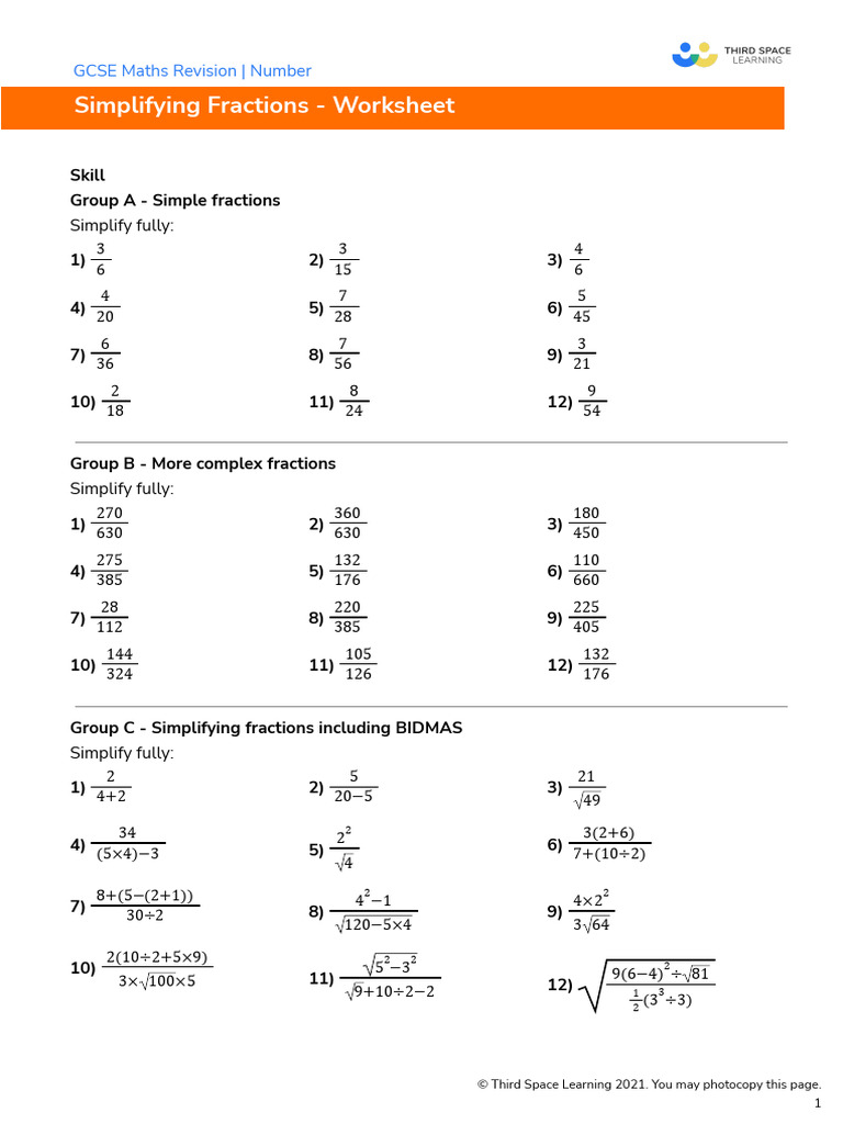 Simplifying Fractions GCSE Worksheet 1 | PDF