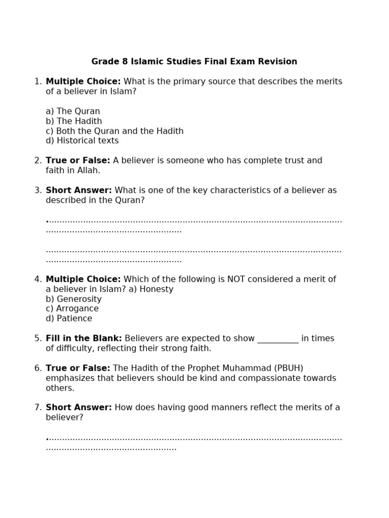 Grade 8 Islamic Education Revision Sheets Pdf