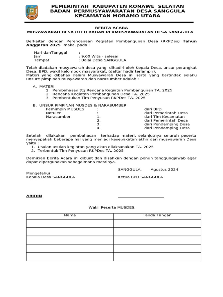 BA MUSDES Perencanaan RKPDes TA 2025 Kec MORUT | PDF