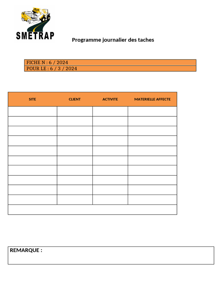 Programme Journalier Des Taches SMETRAP | PDF