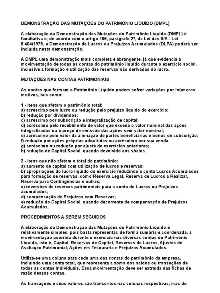 Demonstração das Mutações do Patrimônio Líquido | PDF | Capital próprio ...