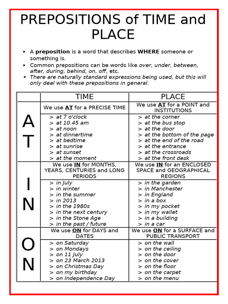 Theory Prepositions Of Time And Place In On At Grammar Guides Pdf