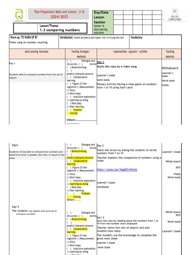 Gr1 Math Lesson Plan (22-26) Sept 24) | PDF