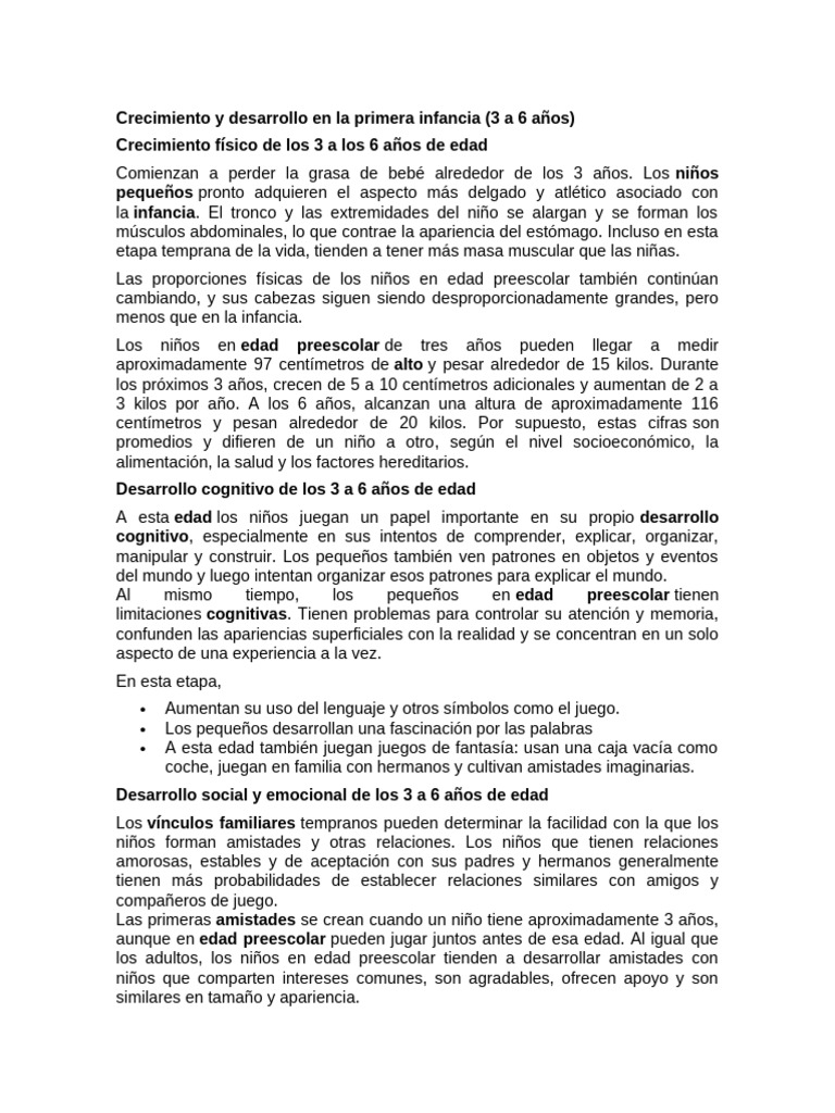Crecimiento y Desarrollo en La Primera Infancia (3 A 6 Años) | PDF