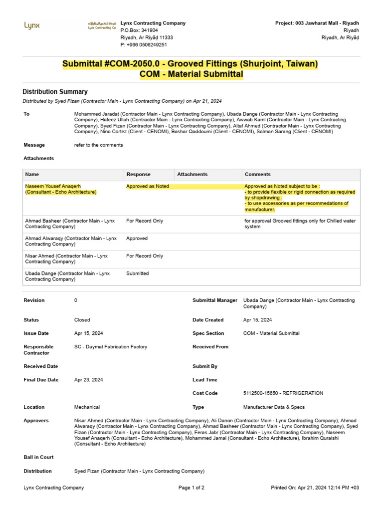 Code B COM2050 Grooved Fittings (Shurjoint) DaymatJR (21!04