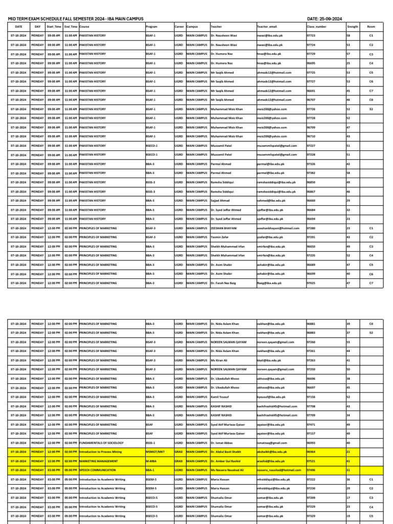 Midterm Exam Schedule Fall2024 Main Campus | PDF