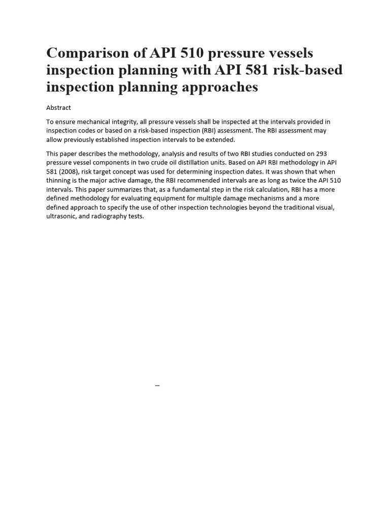 Comparison of API 510 Pressure Vessels Inspection Planning With API 581 ...