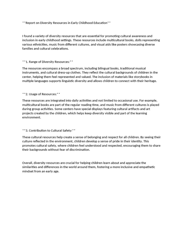 Report On Diversity Resources in Early Childhood Education | PDF