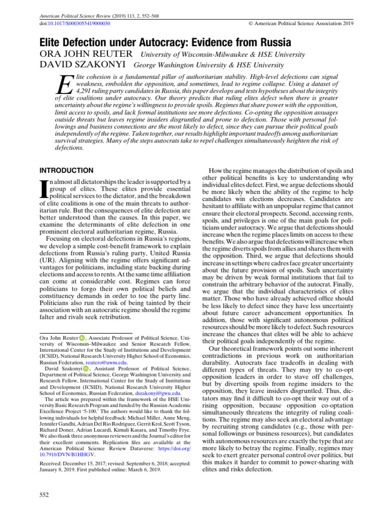 Elite Defection Under Autocrac | PDF
