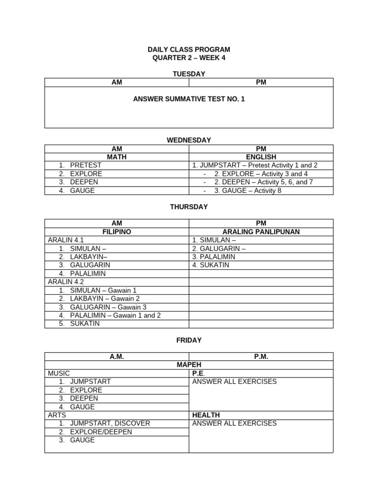 Daily Class Program 5 | PDF