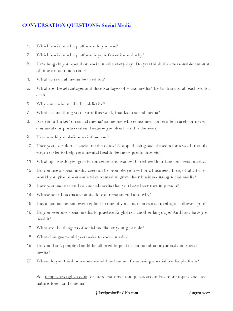 Conversation Questions Social Media 1 | PDF