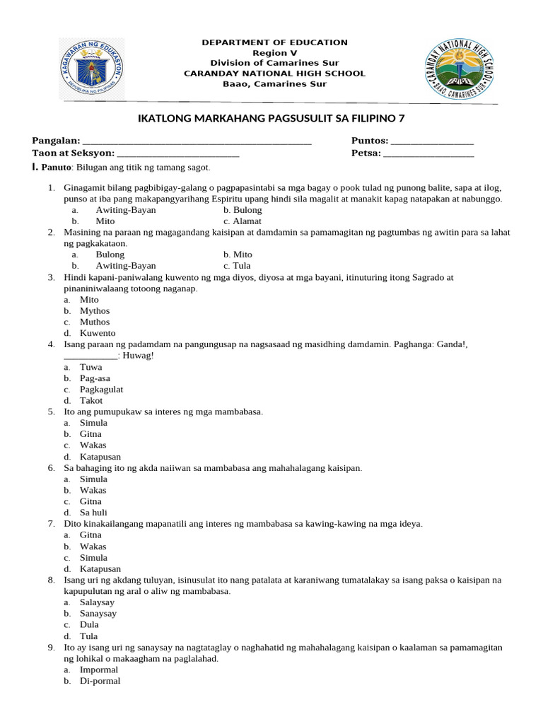 Filipino Exam | PDF