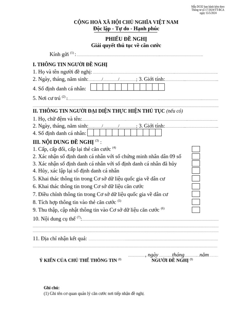 Mẫu DC02 Phiếu Đề Nghị Giải Quyết Thủ Tục Về Căn Cước 2 | PDF