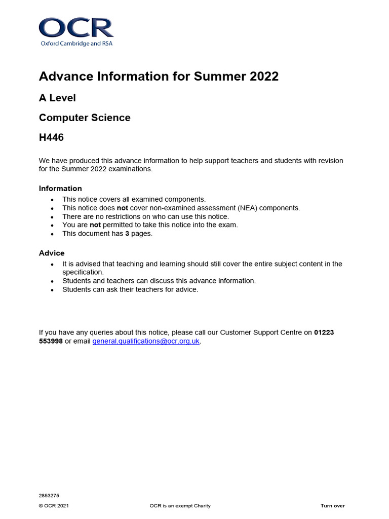 H446 A Level Computer Science Advance Information - Jun2022 | PDF ...
