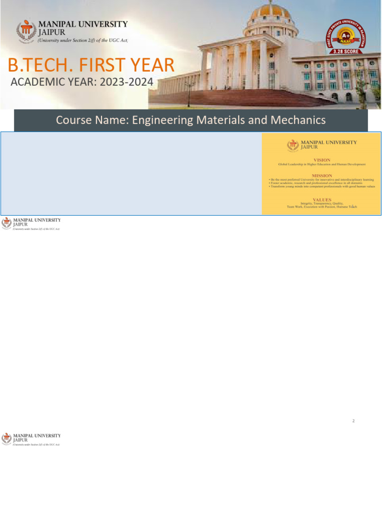 B.Tech. First Year: Course Name: Engineering Materials and Mechanics | PDF
