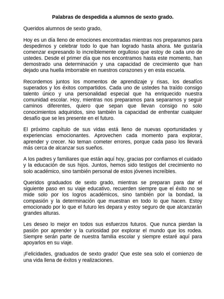 Palabras de Despedida A Alumnos de Sexto Grado | PDF