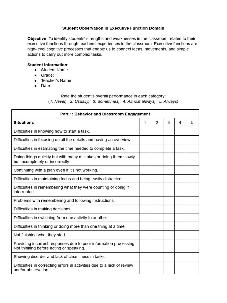 Student Observation in Executive Function Domain | PDF | Executive ...